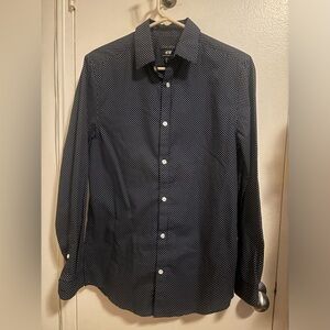 H&M Slim Fit Polka Dot Navy Blue White Button Up Dress Shirt Size S